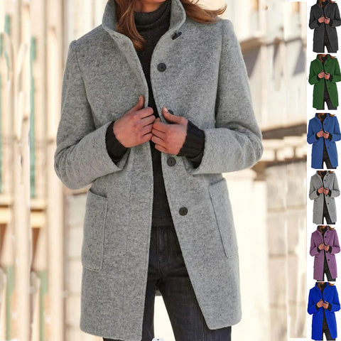 Buy Fashion Stand Collar Woolen Coat With Pockets Fall Winter Casual Button Outwear For Women Clothing online at Fashionner.