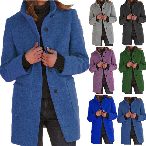 Buy Fashion Stand Collar Woolen Coat With Pockets Fall Winter Casual Button Outwear For Women Clothing online at Fashionner.