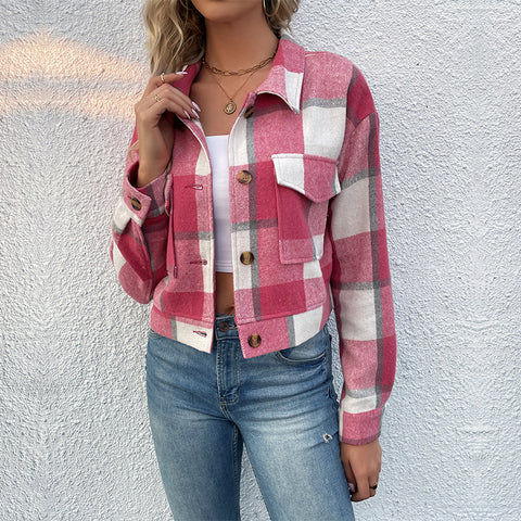 Veste courte à revers à carreaux avec poches Boutons mode Manches longues Manteau court pour vêtements femme