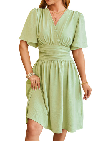 V-neck Short-sleeved Dress Fashion Bell-sleeved Dress Summer Womens Clothing - Fashionner