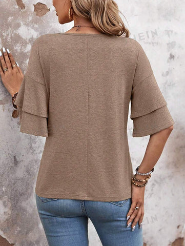 T-shirt ample à col en V et manches volantées, couleur unie, haut mi-manches, vêtements pour femmes