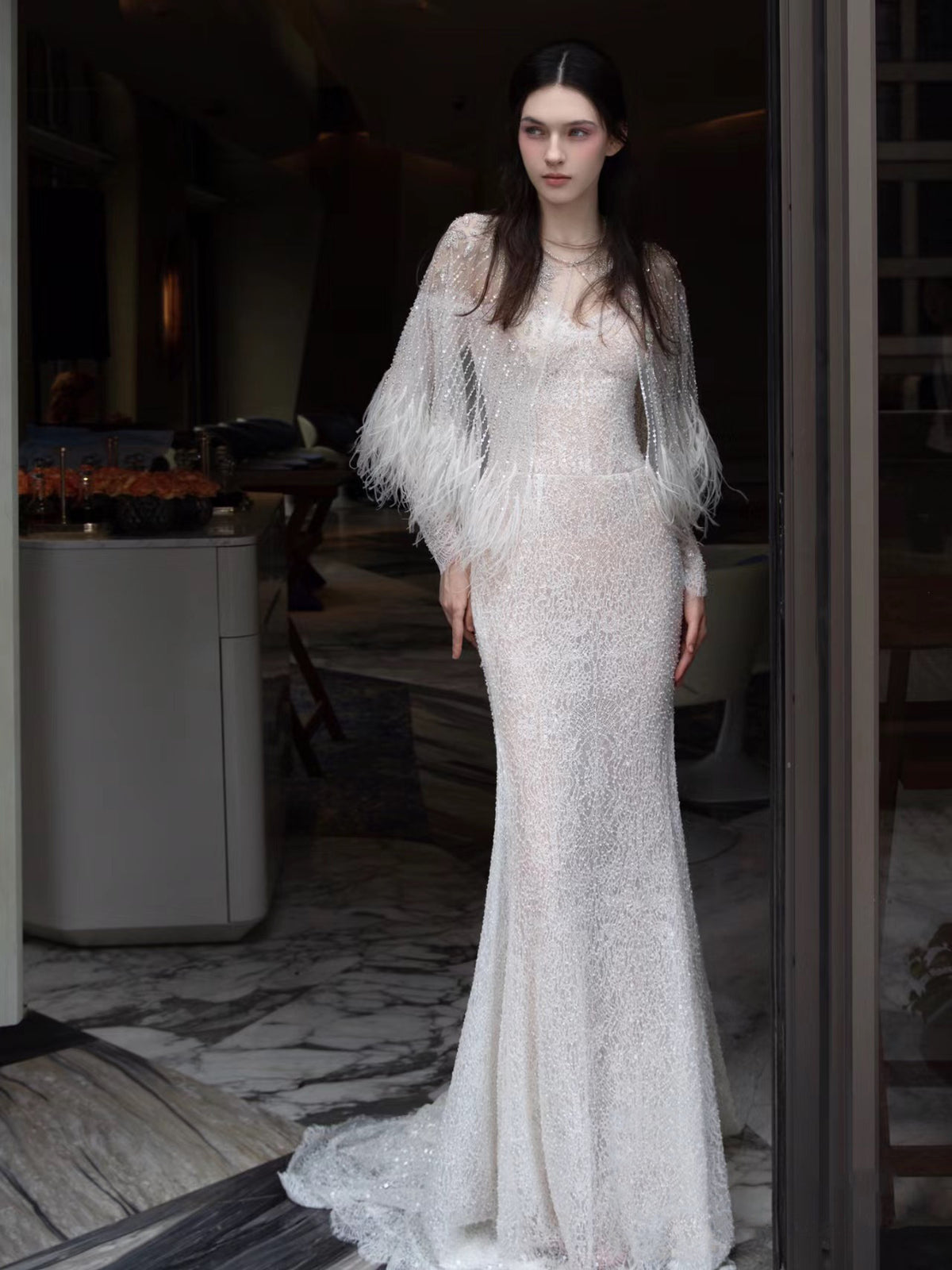 Annual Meeting Mermaid Heavy Industry Feather Dress - Fashionner