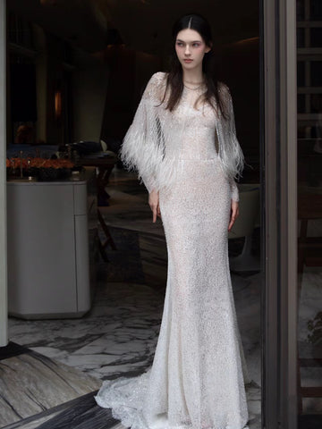 Annual Meeting Mermaid Heavy Industry Feather Dress - Fashionner