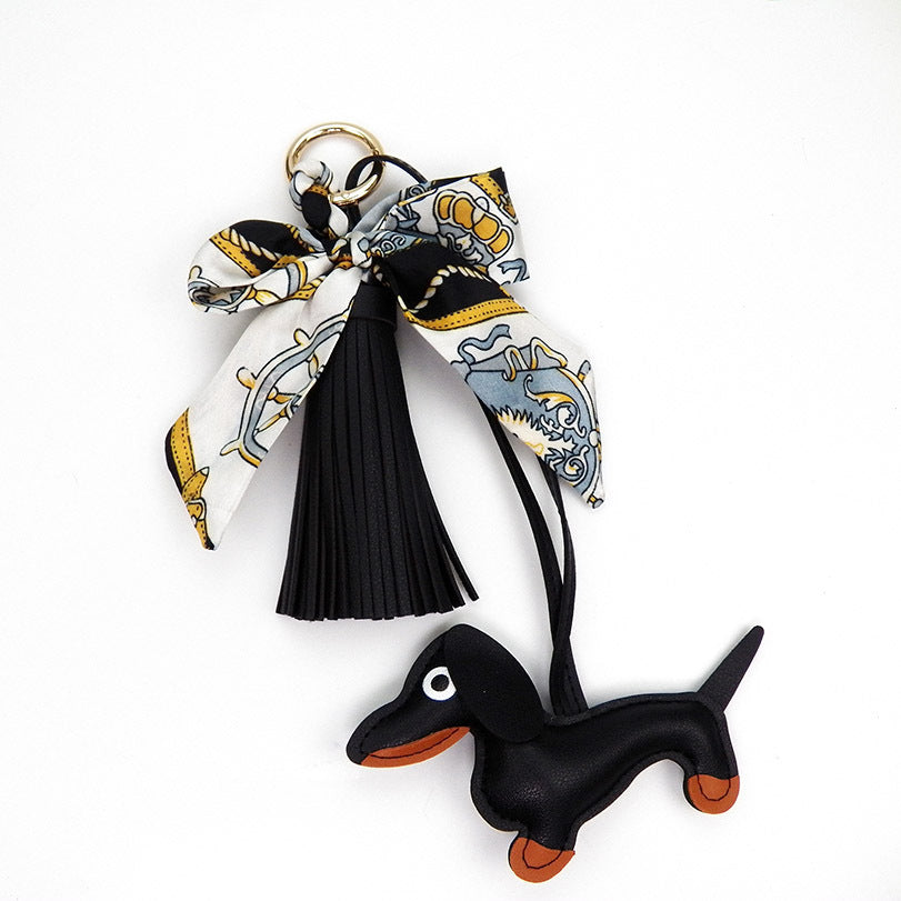 Tassel Leather Sausage Dog Pendant Bag Ornament Silk Scarf Keychain Schoolbag Pendant