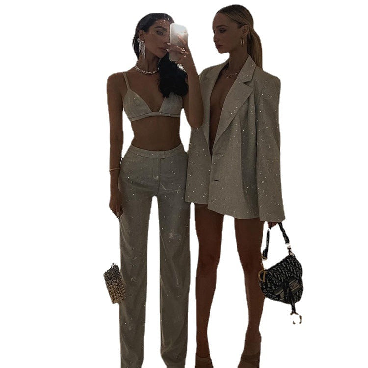 Camisole Slim Straight High Waist Pants Street Glitter Jacket Night Club Suit - Fashionner