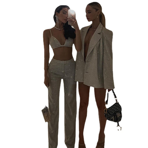 Camisole Slim Straight High Waist Pants Street Glitter Jacket Night Club Suit - Fashionner