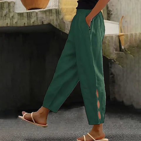 Hollow-Out Ankle Detail Trousers - Button-Adorned Bottom Hem Pants For Women Summer Daily Wear