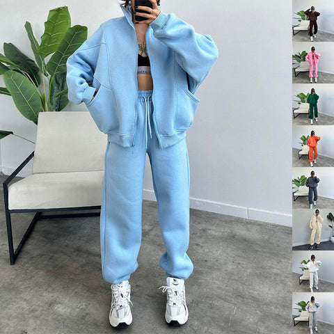 Survêtements de sport pour femme avec poches, veste zippée à col montant et pantalon à cordon de serrage, ensemble de jogging mode