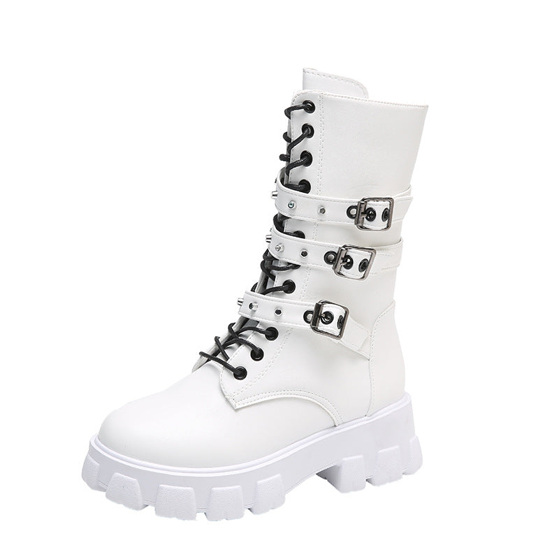 Buckle Lace-up Side Zip Punk Women's Mid Boots - Fashionner