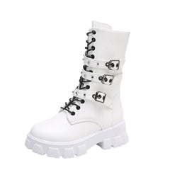 Buckle Lace-up Side Zip Punk Women's Mid Boots - Fashionner
