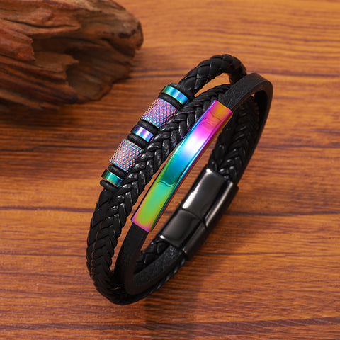 Buy Stainless Steel Multi-Colored Hand-Woven Men'S Leather Bracelet online at Fashionner.