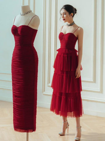 Suspender Spread Chest Temperament Dark Red Flowing Small Dress Long Skirt - Fashionner