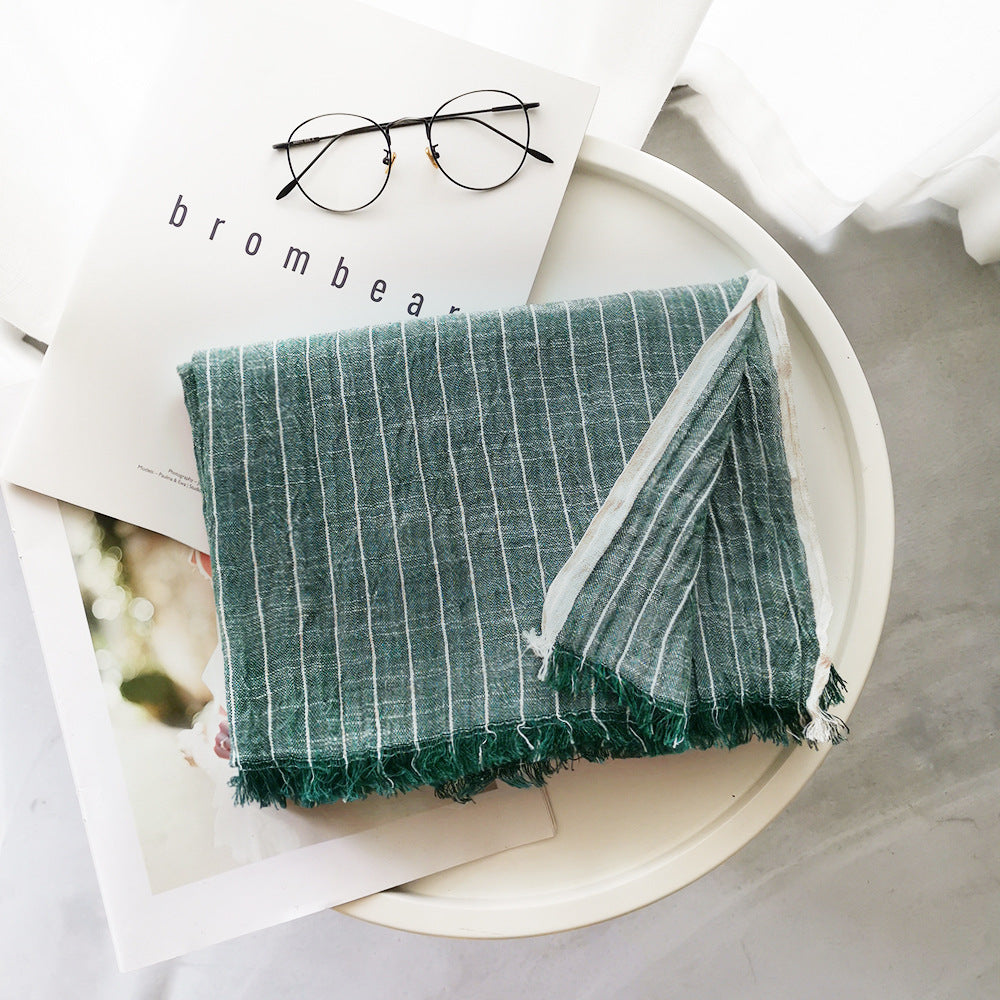Autumn And Winter Striped Cotton And Linen Pleated Scarf Shawl - Fashionner