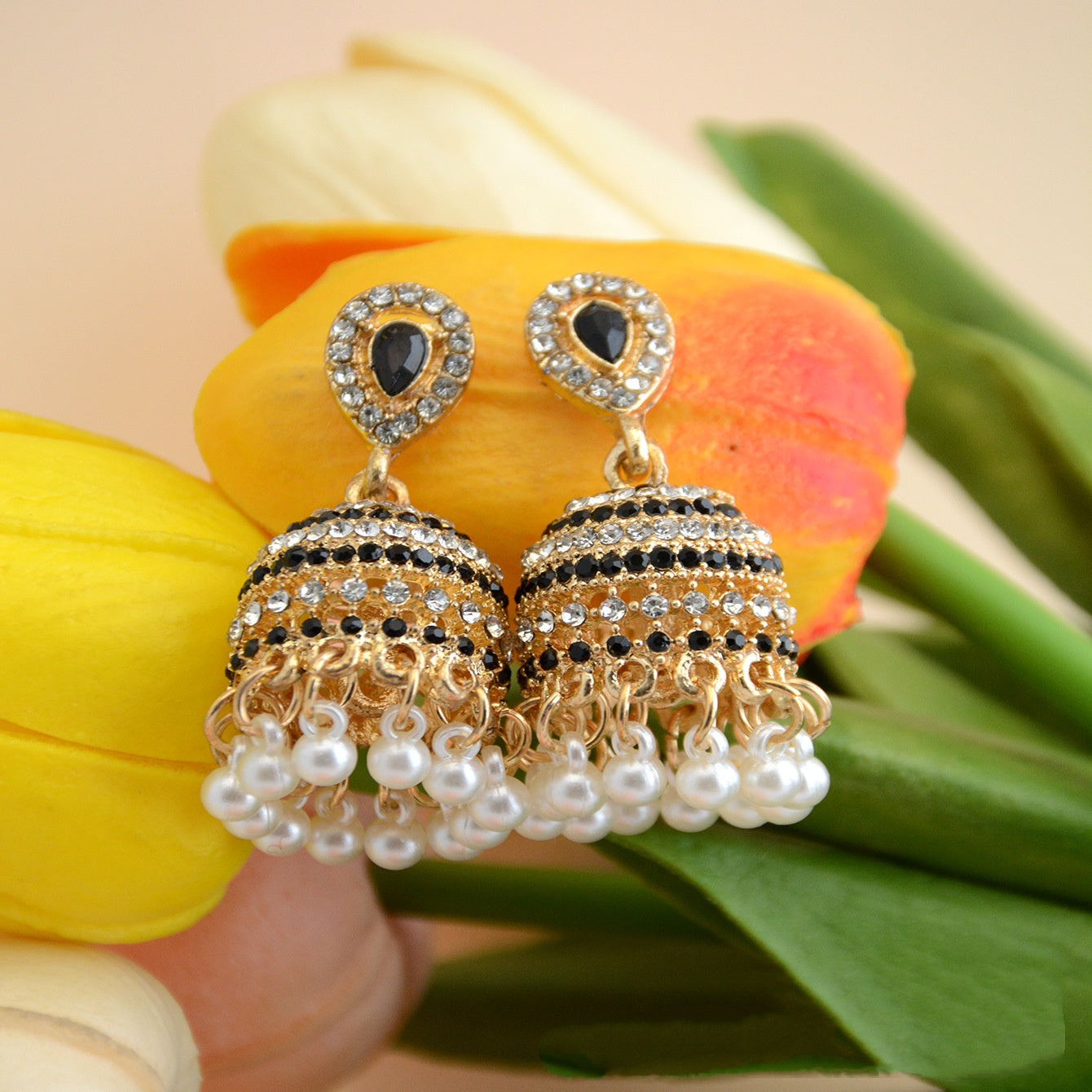 Buy Vintage Bohemian Diamond-Encrusted Pearl Bell Earrings For Women online at Fashionner.