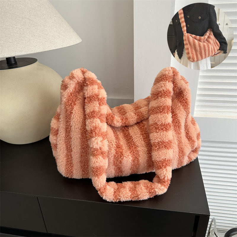 Large-capacity Striped Plush Bag Winter New Fashion Portable Tote Shoulder Bags Shopping Furry Handbags For Women - Fashionner