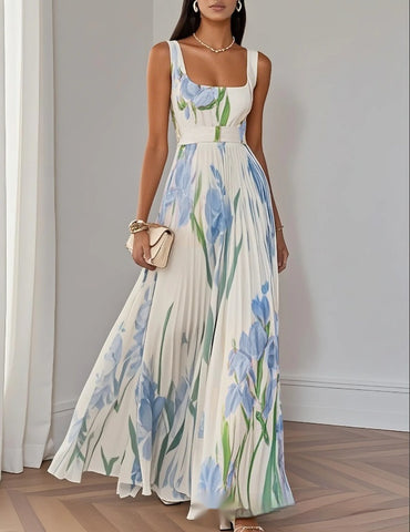 Floral Print Pleated Dress Summer A-Line Sleeveless Midi Dresses Women'S Clothing