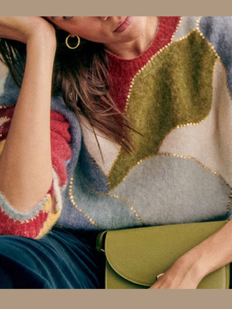 Spliced Painted Sequin Pullover Sweater - Fashionner