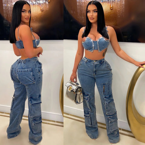 Buy Cm8689 High Quality Fashion New Arrivals Women'S Denim Baggy Jeans Hollow Out Straight Cargo Pants Women Lady online at Fashionner.