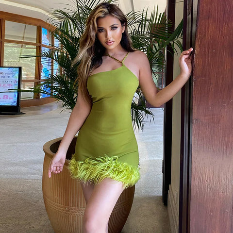 Buy 3037 One Shoulder Hollow Out Feather Tassel Solid Mini Elegant Women'S Dresses Summer Evening Party Club American Clothing online at Fashionner.