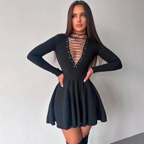 Buy V Neck Long Sleeve Lace Up Hollow Out Mini Women'S Dresses Winter Casual Clothes Solid Party Y2K Club Outfit online at Fashionner.