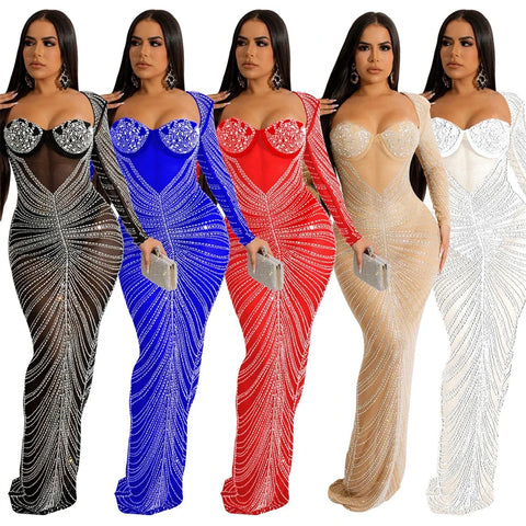 Buy Rhinestone-Dress Birthday White Red Mesh Rhinestone Crystal Luxury Maxi Long Wedding Party Women Dress Lady With Rhinestone online at Fashionner.