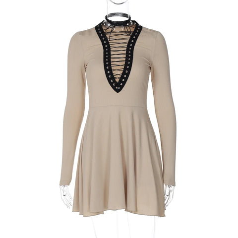 Buy V Neck Long Sleeve Lace Up Hollow Out Mini Women'S Dresses Winter Casual Clothes Solid Party Y2K Club Outfit online at Fashionner.