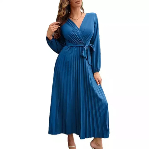 Buy New Fashion Women Long Sleeve V-Neck Pleated Dresses Solid Color Lace Up Belt Europe Elegant Casual Long Dress online at Fashionner.