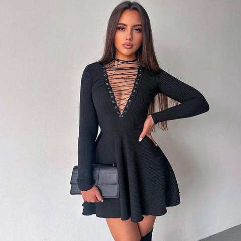 Buy V Neck Long Sleeve Lace Up Hollow Out Mini Women'S Dresses Winter Casual Clothes Solid Party Y2K Club Outfit online at Fashionner.