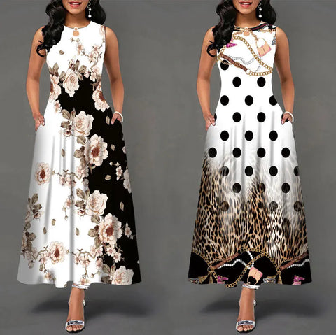 Buy Summer Ladies Sleeveless Long Dress Plus Size Womens Office Positioning Print Swing Skirt Bohemian Retro Casual Dresses online at Fashionner.