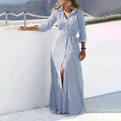 Buy Fashion Women'S Clothing Spring Lapel Stripe Button Up Plus Size Maxi Shirt Dress Casual Elegant Long Sleeve Ladies Dress online at Fashionner.