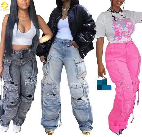 Buy Autumn Winter Multi-Pocket Women Jeans Old Wide Leg Ladies Pants online at Fashionner.